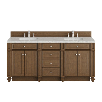 Renovate for Less Atlanta Bristol 72" Double Vanity, Saddle Brown w/ 3 CM Eternal Jasmine Pearl Silestone Top