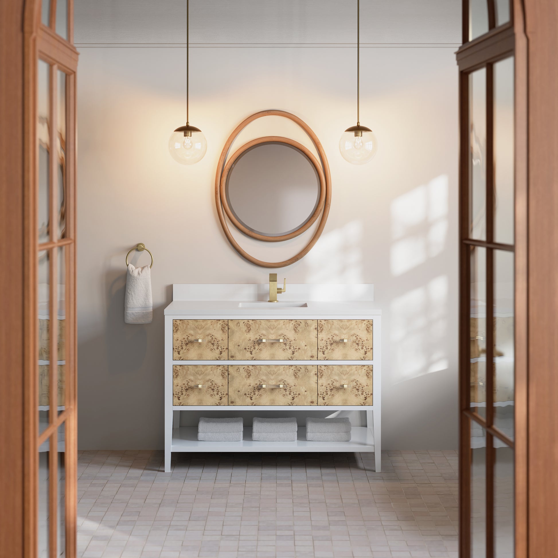 Renovate for Less Atlanta Olena 48" Single Vanity, Light Mappa Burl and Polished White w/ Single Hole 3 CM White Zeus Silestone Top & Backsplash