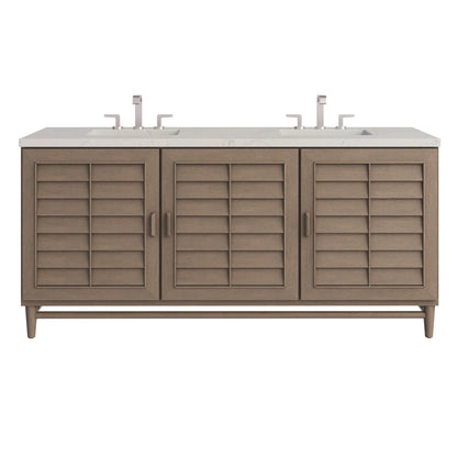 Portland 72" Double Vanity, Whitewashed Walnut, w/ 3 CM Siberian Silestone Top w/FreePower Wireless Charger