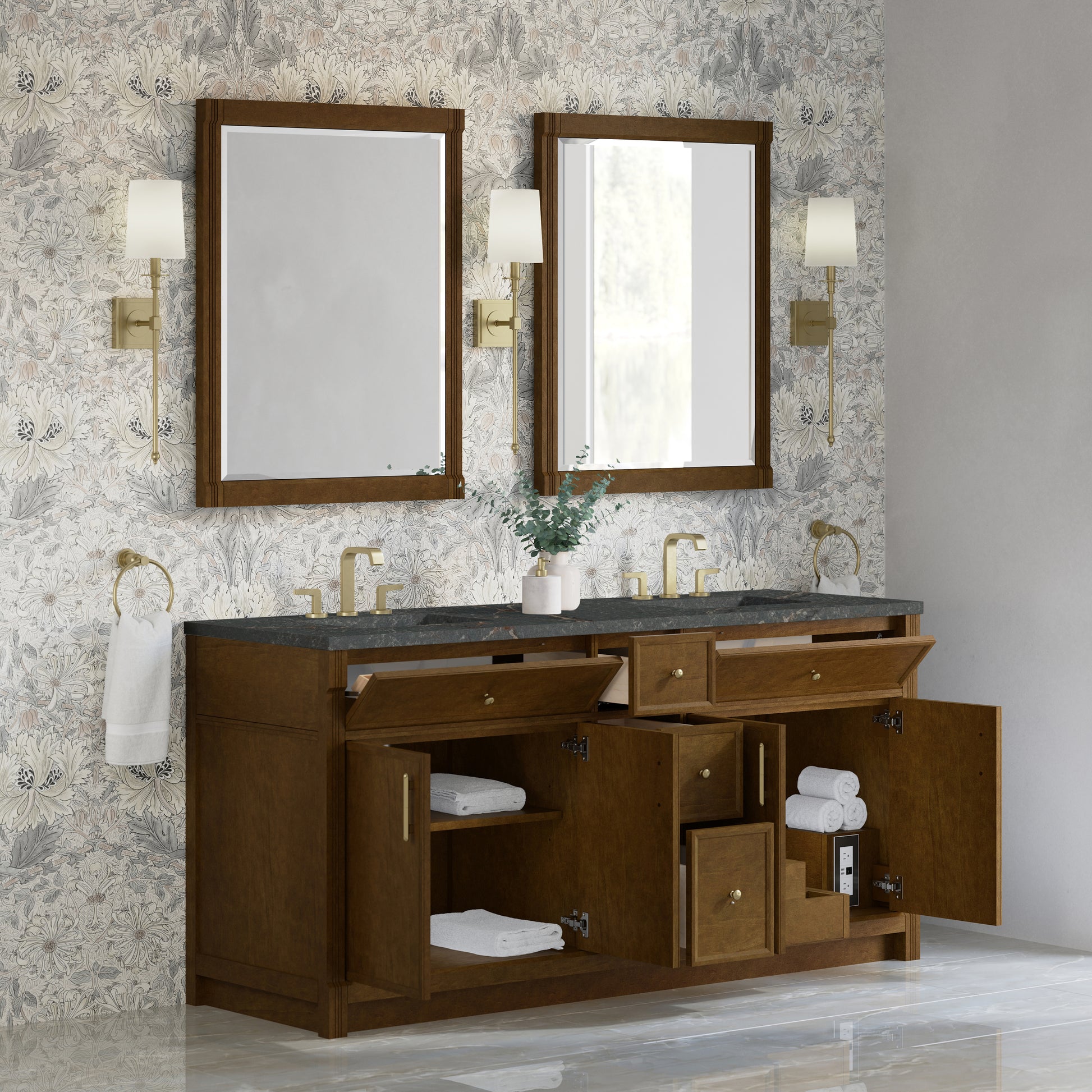Renovate for Less Atlanta Bellshire 72" Double Vanity, Honey Oak w/ 3 CM Parisien Bleu Silestone Top w/FreePower Wireless Charger