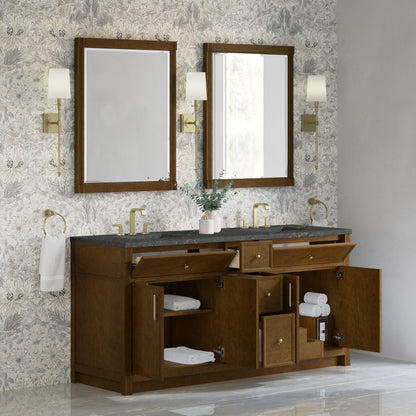 Renovate for Less Atlanta Bellshire 72" Double Vanity, Honey Oak w/ 3 CM Parisien Bleu Silestone Top w/FreePower Wireless Charger