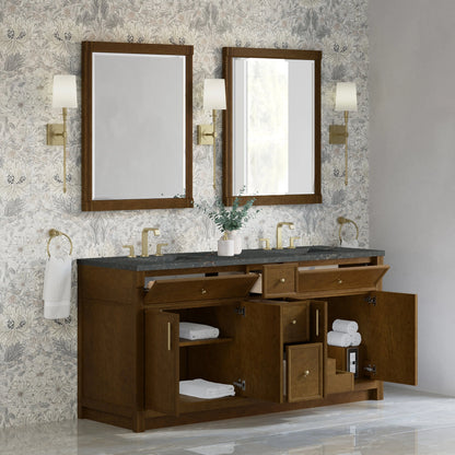 Bellshire 72" Double Vanity, Honey Oak w/ 3 CM Parisien Bleu Silestone Top w/FreePower Wireless Charger