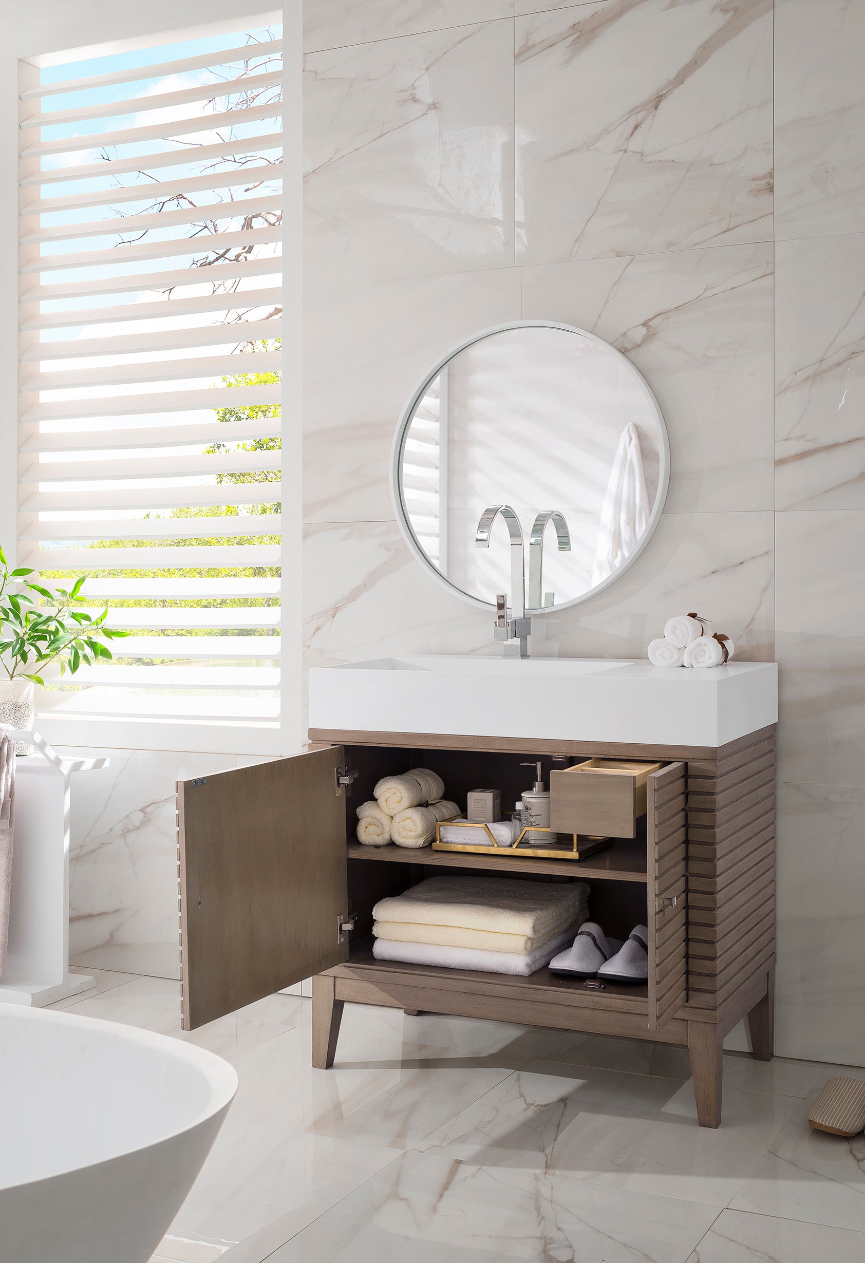Renovate for Less Atlanta Linear 36" Single Vanity, Whitewashed Walnut w/ Glossy White Composite Stone Top