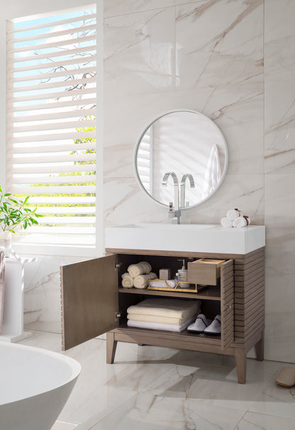 Renovate for Less Atlanta Linear 36" Single Vanity, Whitewashed Walnut w/ Glossy White Composite Stone Top