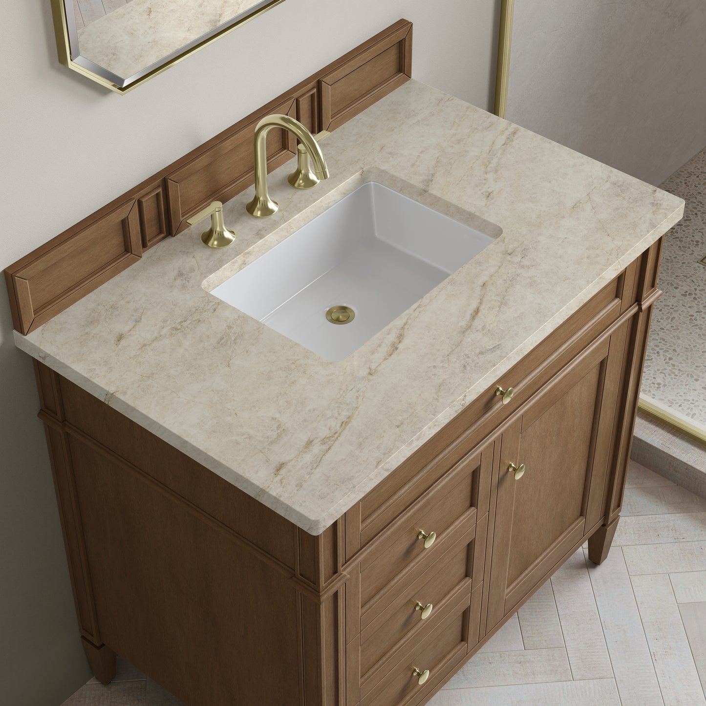 Renovate for Less Atlanta Brittany 36" Single Vanity, Pecan w/ 3 CM Tajnar Eclos Top