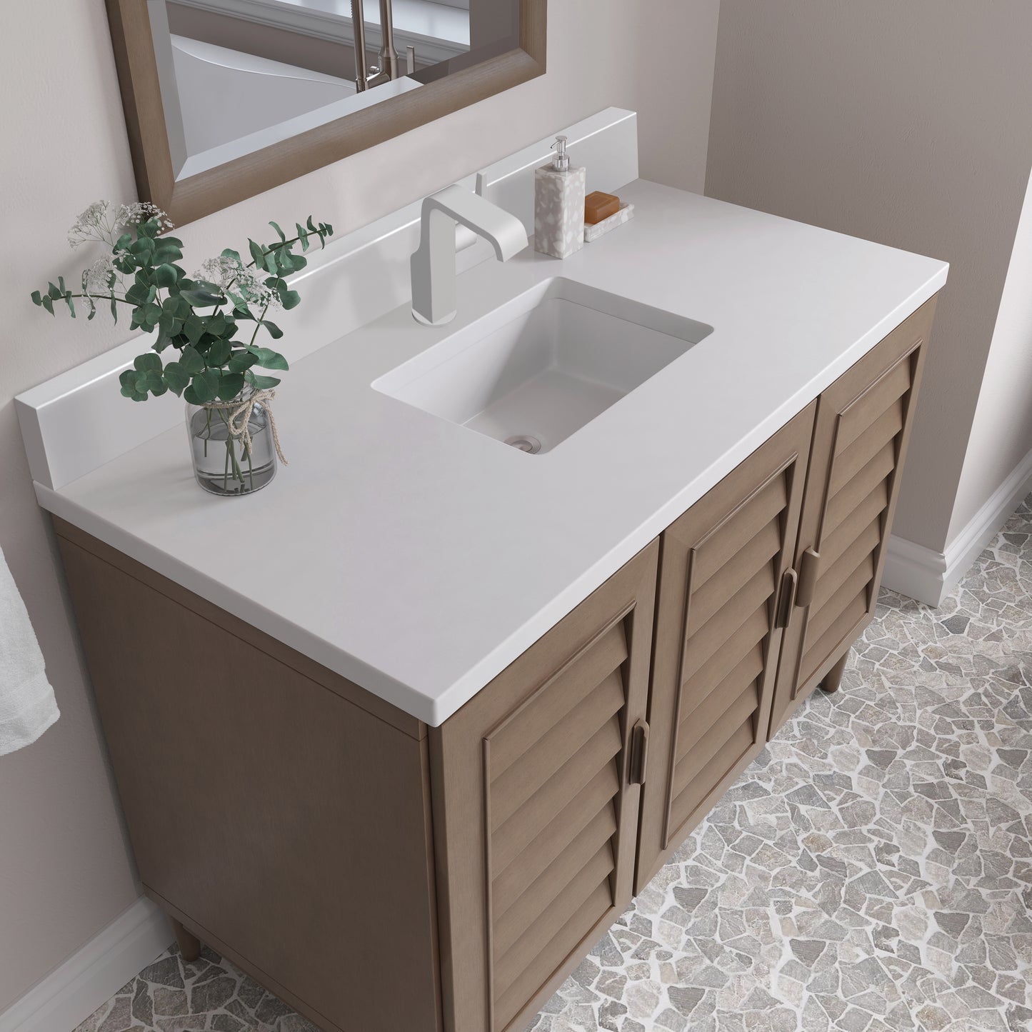 Renovate for Less Atlanta Portland 48" Single Vanity Whitewashed Walnut w/ Single Hole 3 CM White Zeus Silestone Top & Backsplash