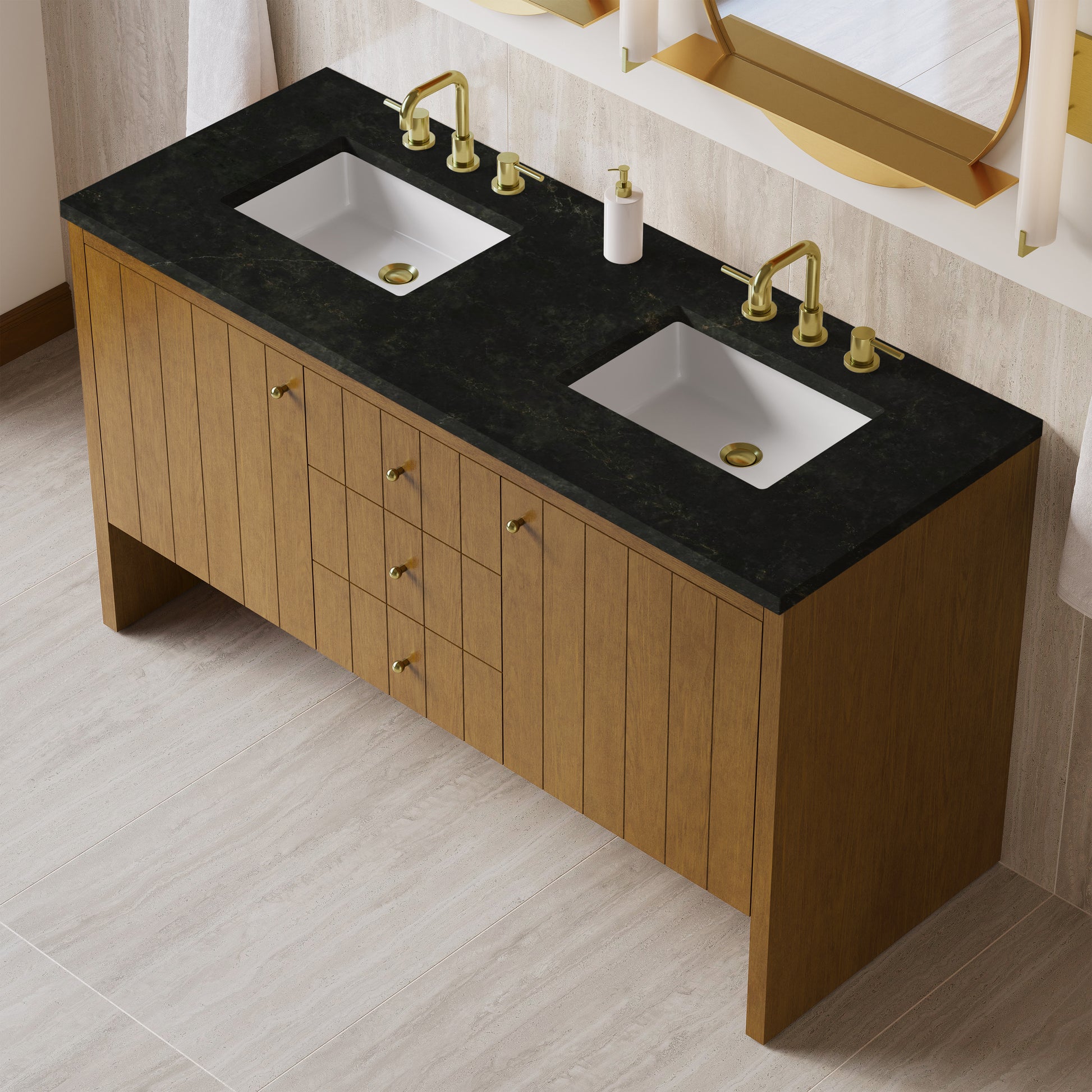 Renovate for Less Atlanta Hudson 60" Double Vanity, Honey Oak w/ 3 CM Phantome Eclos Top