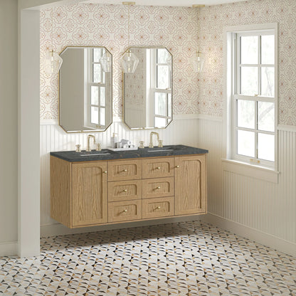 Laurent 60" Double Vanity, Light Natural Oak, w/ 3 CM Parisien Bleu Quartz Top w/FreePower Wireless Charger
