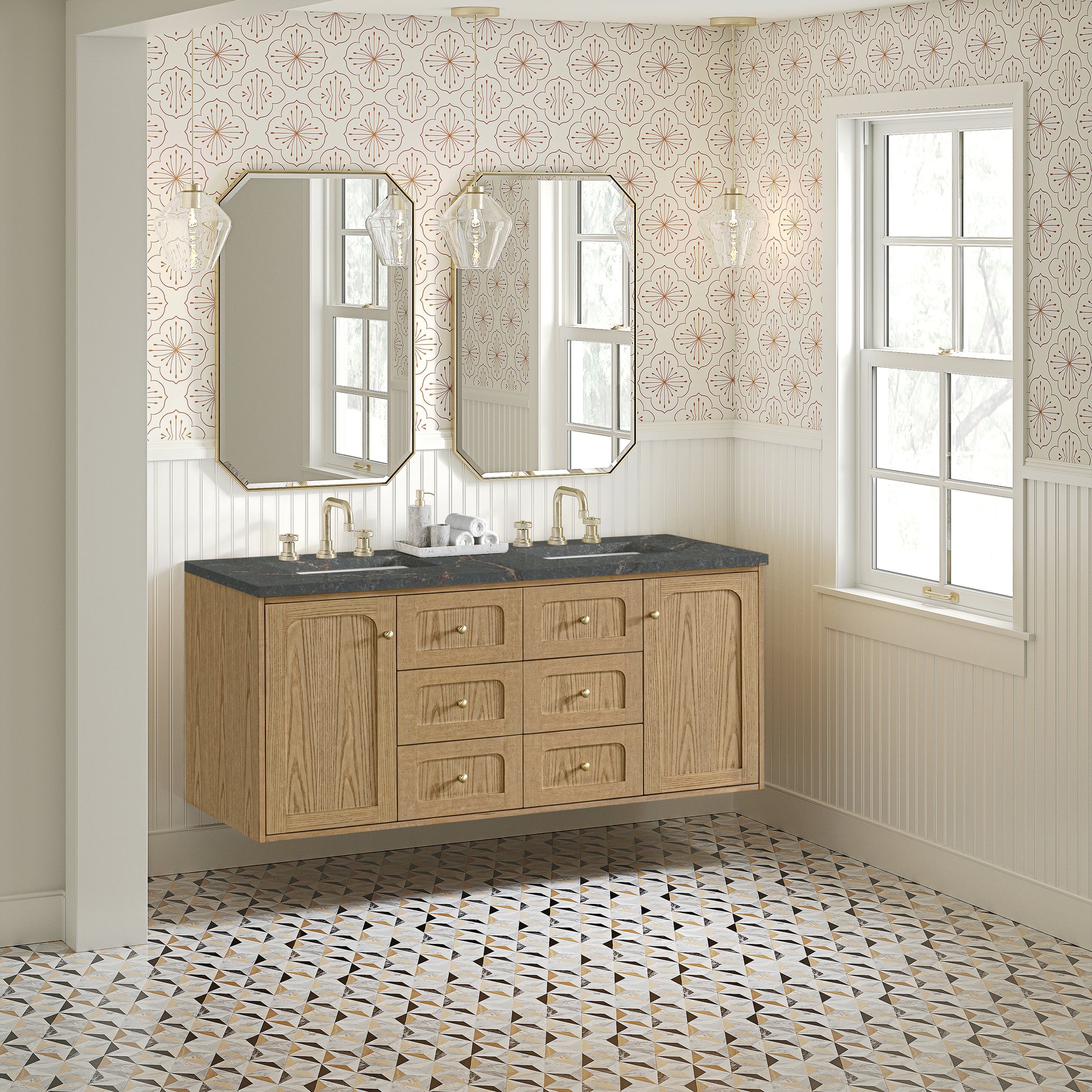 Renovate for Less Atlanta Laurent 60" Double Vanity, Light Natural Oak, w/ 3 CM Parisien Bleu Quartz Top w/FreePower Wireless Charger