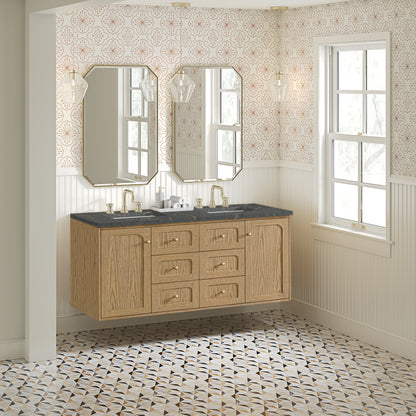 Renovate for Less Atlanta Laurent 60" Double Vanity, Light Natural Oak, w/ 3 CM Parisien Bleu Quartz Top w/FreePower Wireless Charger