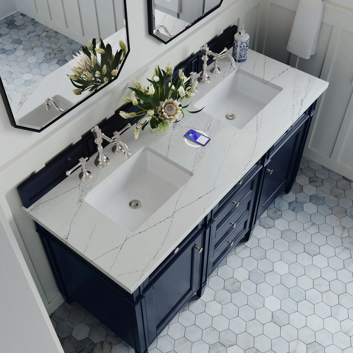 Brittany 60" Double Vanity, Victory Blue w/ 3 CM Ethereal Noctis Silestone Top w/FreePower Wireless Charger