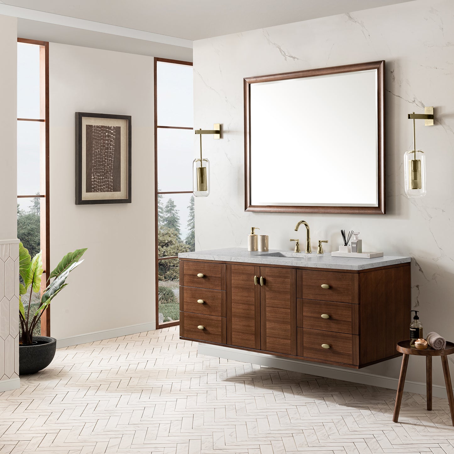 Renovate for Less Atlanta Amberly 60" Single Vanity, Mid-Century Walnut w/ 3 CM Eternal Jasmine Pearl Top w/FreePower Wireless Charger