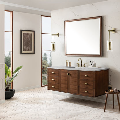 Renovate for Less Atlanta Amberly 60" Single Vanity, Mid-Century Walnut w/ 3 CM Eternal Jasmine Pearl Top w/FreePower Wireless Charger