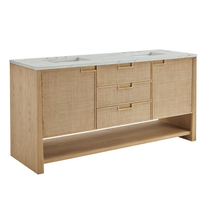 Renovate for Less Atlanta Solene 72" Double Vanity, Seaside Oak, w/ 3 CM Ethereal Noctis Quartz Top