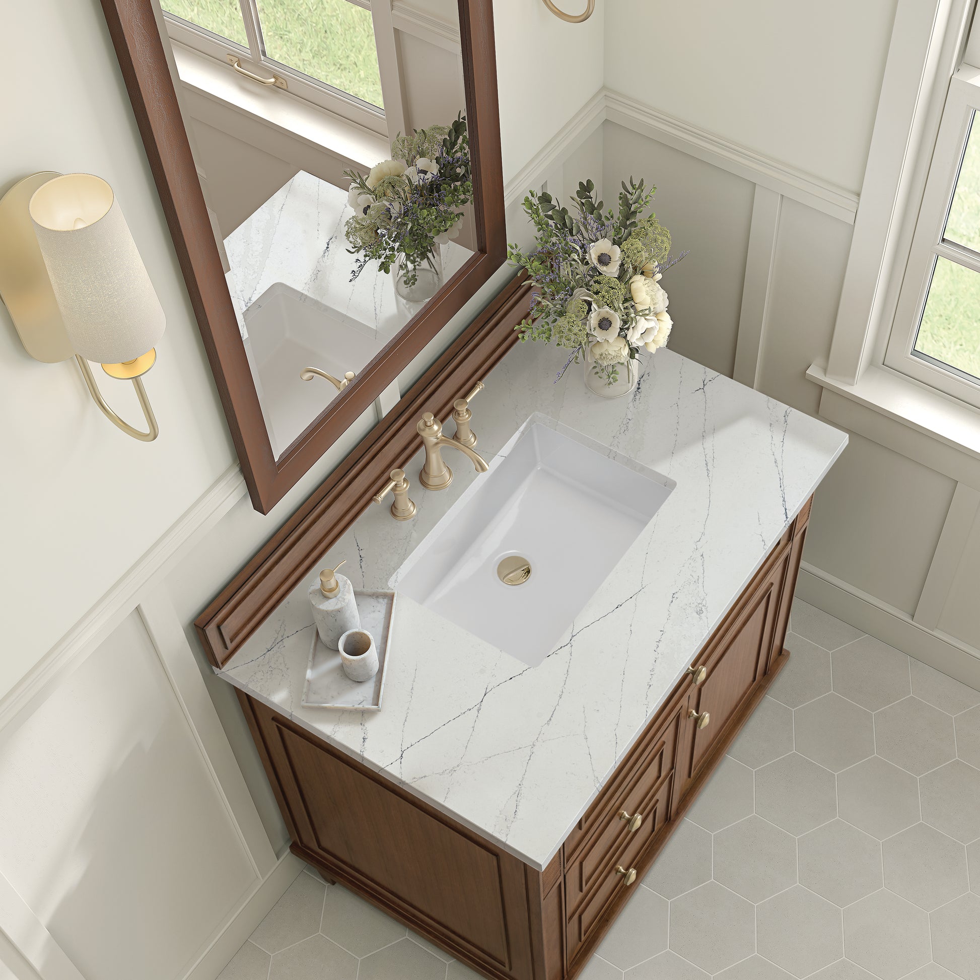 Renovate for Less Atlanta Lorelai 36" Single Vanity, Mid-Century Walnut w/ 3 CM Ethereal Noctis Silestone Top