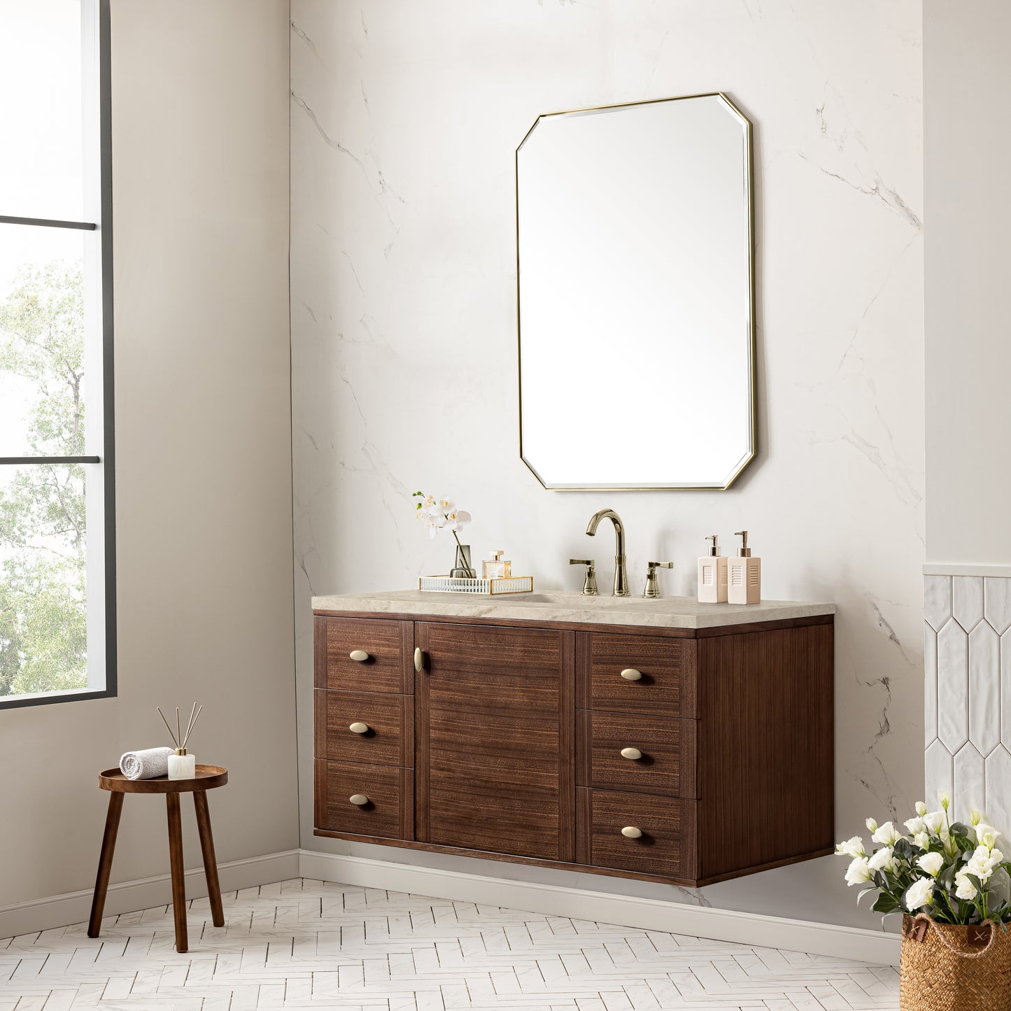 Renovate for Less Atlanta Amberly 48" Single Vanity, Mid-Century Walnut, w/ 3 CM Tajnar Eclos Top w/FreePower Wireless Charger