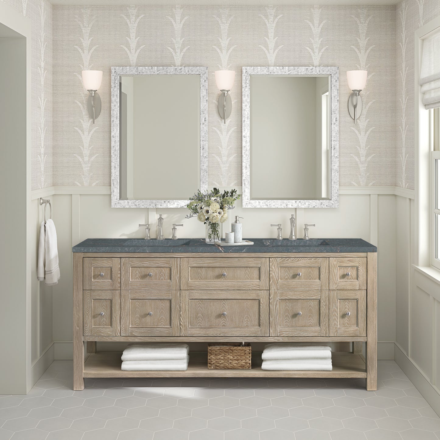 Renovate for Less Atlanta Breckenridge 72" Double Vanity, Whitewashed Oak w/ 3 CM Parisien Bleu Silestone Top