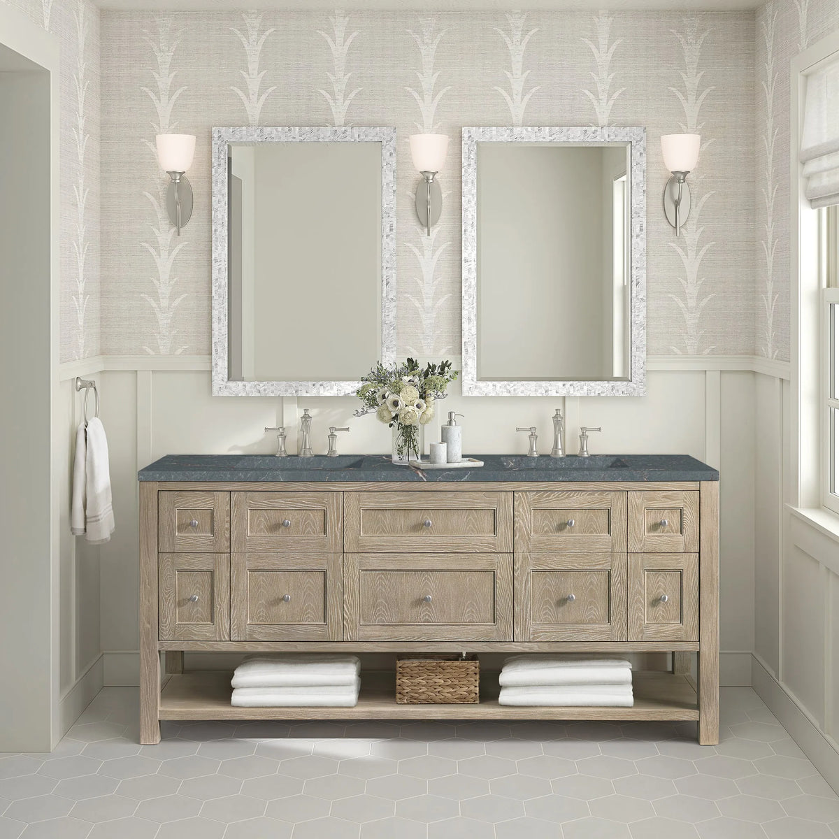 Breckenridge 72" Double Vanity, Whitewashed Oak w/ 3 CM Parisien Bleu Silestone Top