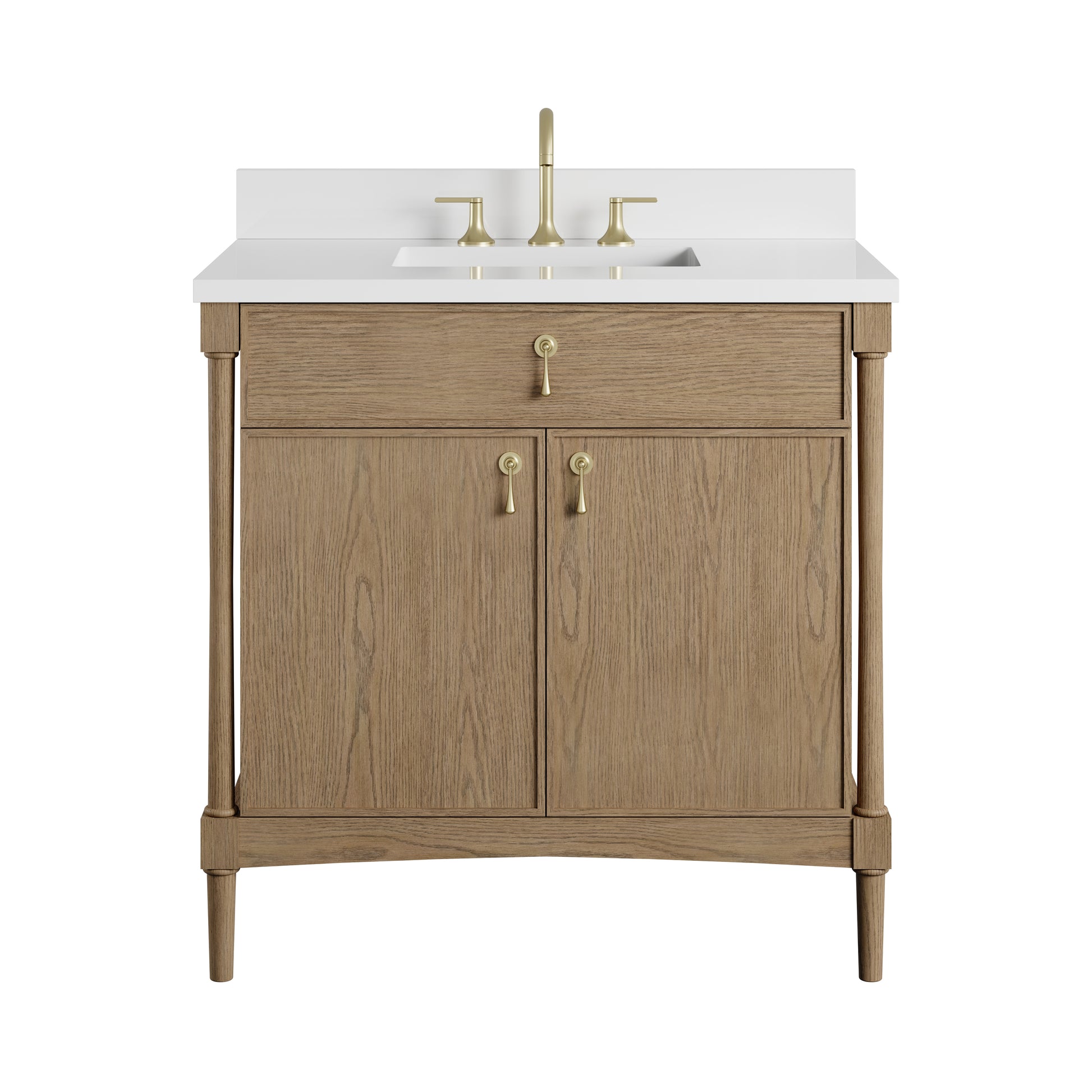 Renovate for Less Atlanta Kinnsden 36" Single Vanity, Weathered Oak w/ 3 CM White Zeus Silestone Top