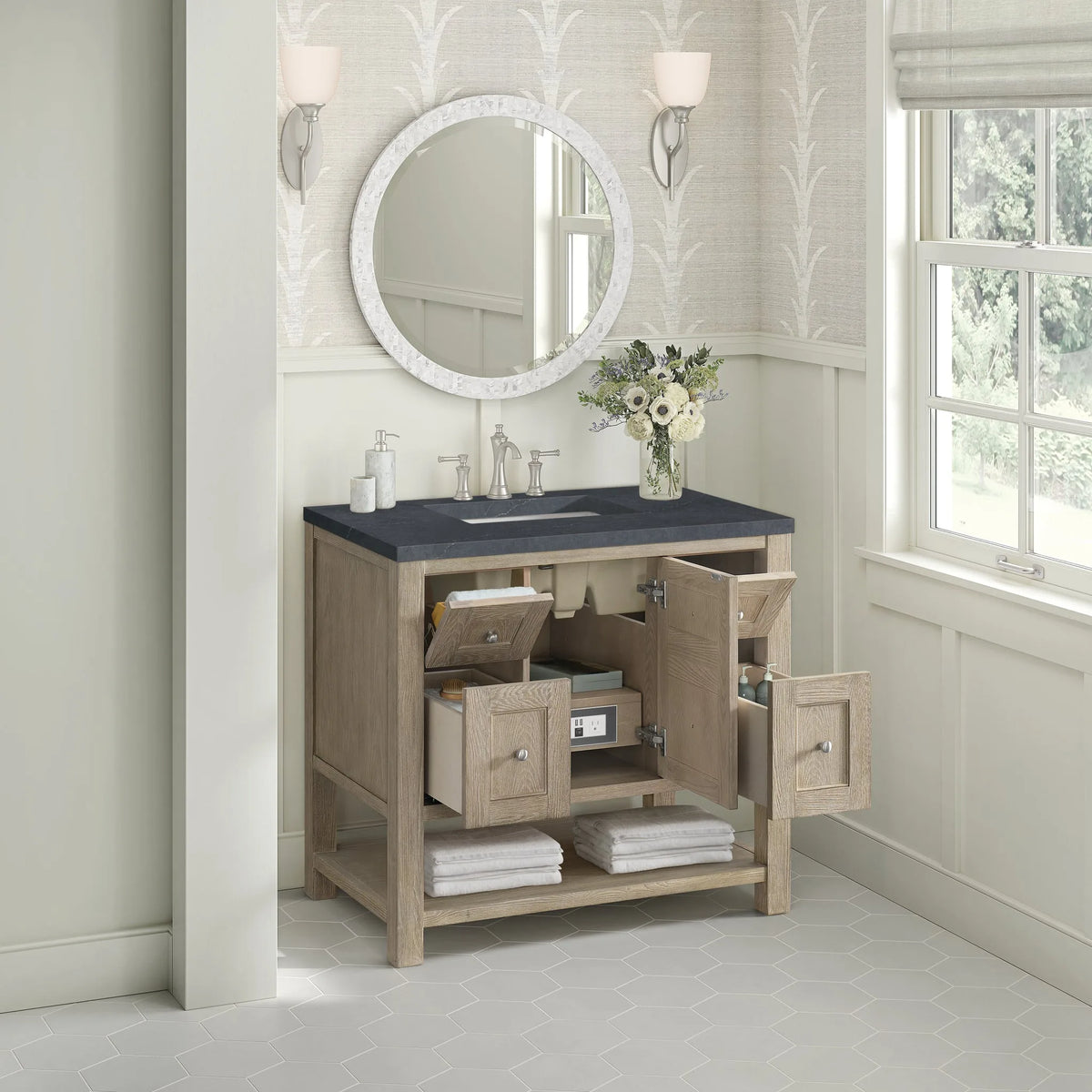 Breckenridge 36" Single Vanity, Whitewashed Oak w/ 3 CM Charcoal Soapstone Silestone Top
