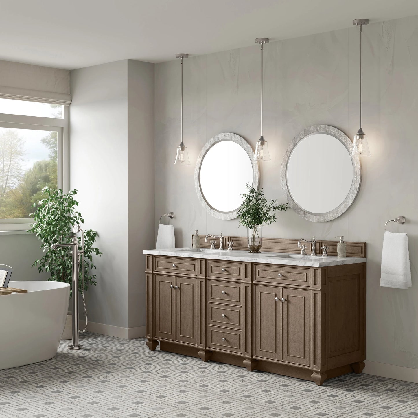 Bristol 72" Double Vanity, Whitewashed Walnut w/ 3 CM Carrara Marble Top