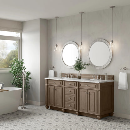 Bristol 72" Double Vanity, Whitewashed Walnut w/ 3 CM Carrara Marble Top