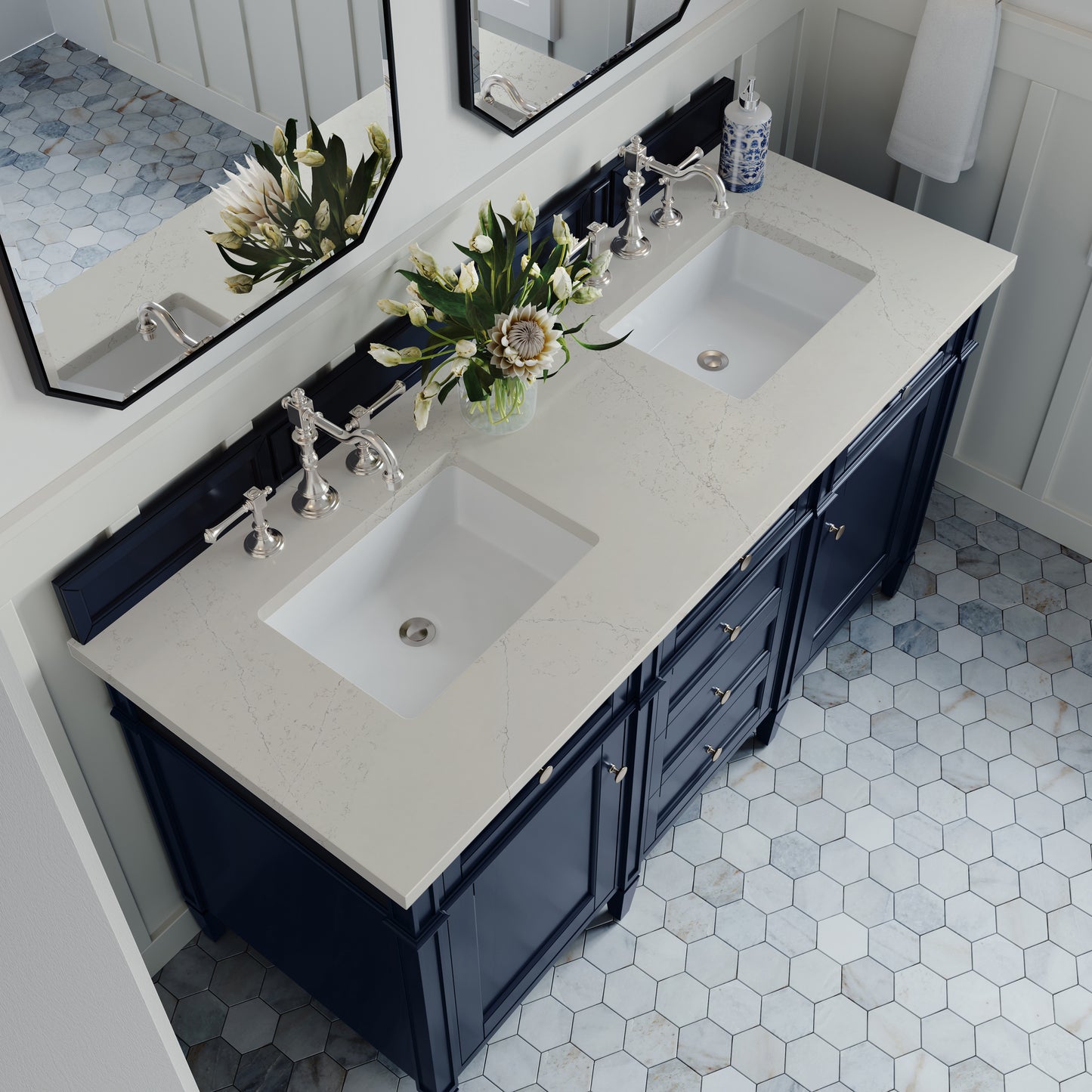 Renovate for Less Atlanta Brittany 60" Double Vanity, Victory Blue, w/ 3 CM Siberian Silestone Top