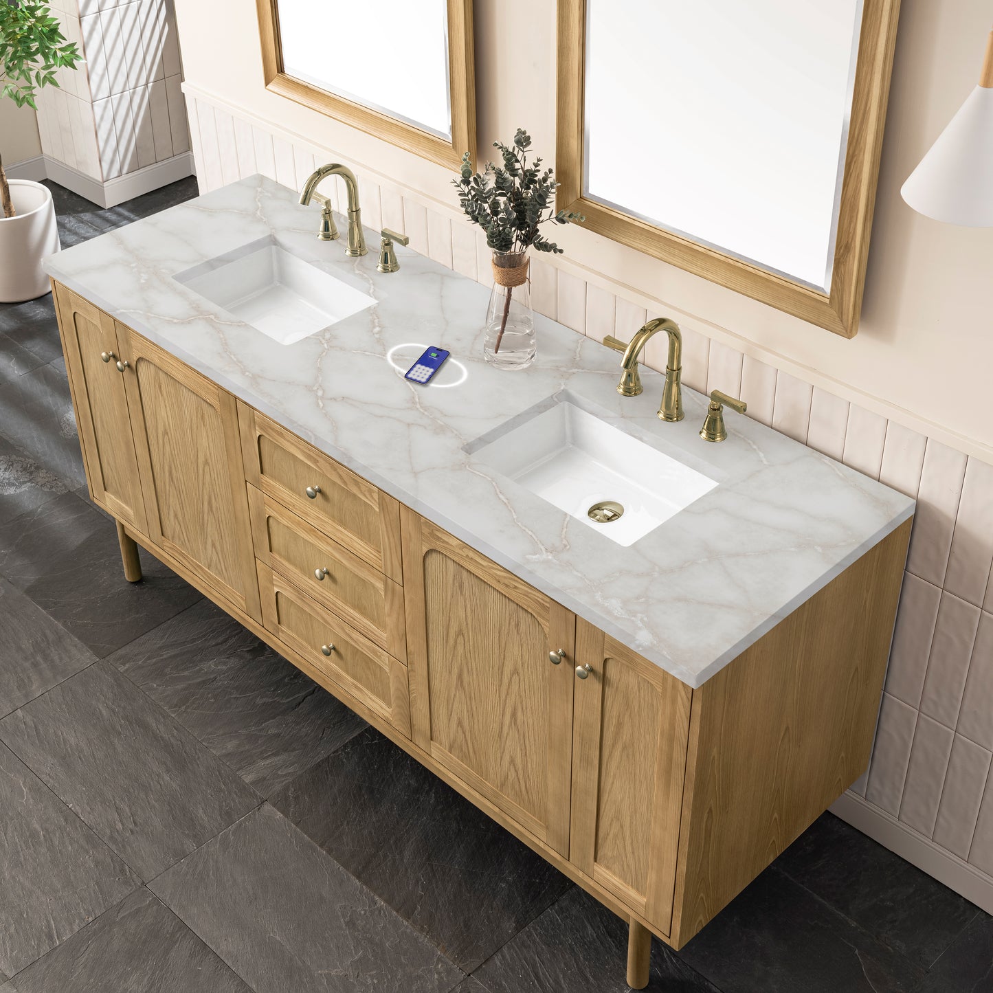 Renovate for Less Atlanta Laurent 72" Double Vanity, Light Natural Oak w/ 3 CM Victorian Silver Top w/FreePower Wireless Charger