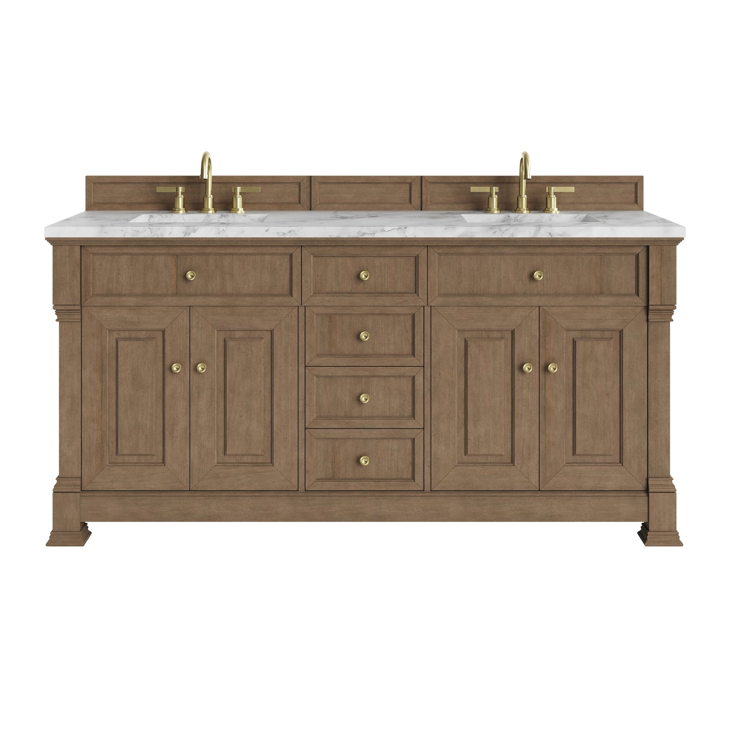 Renovate for Less Atlanta Brookfield 72" Double Vanity, Pecan w/ 3 CM Carrara White Marble Top
