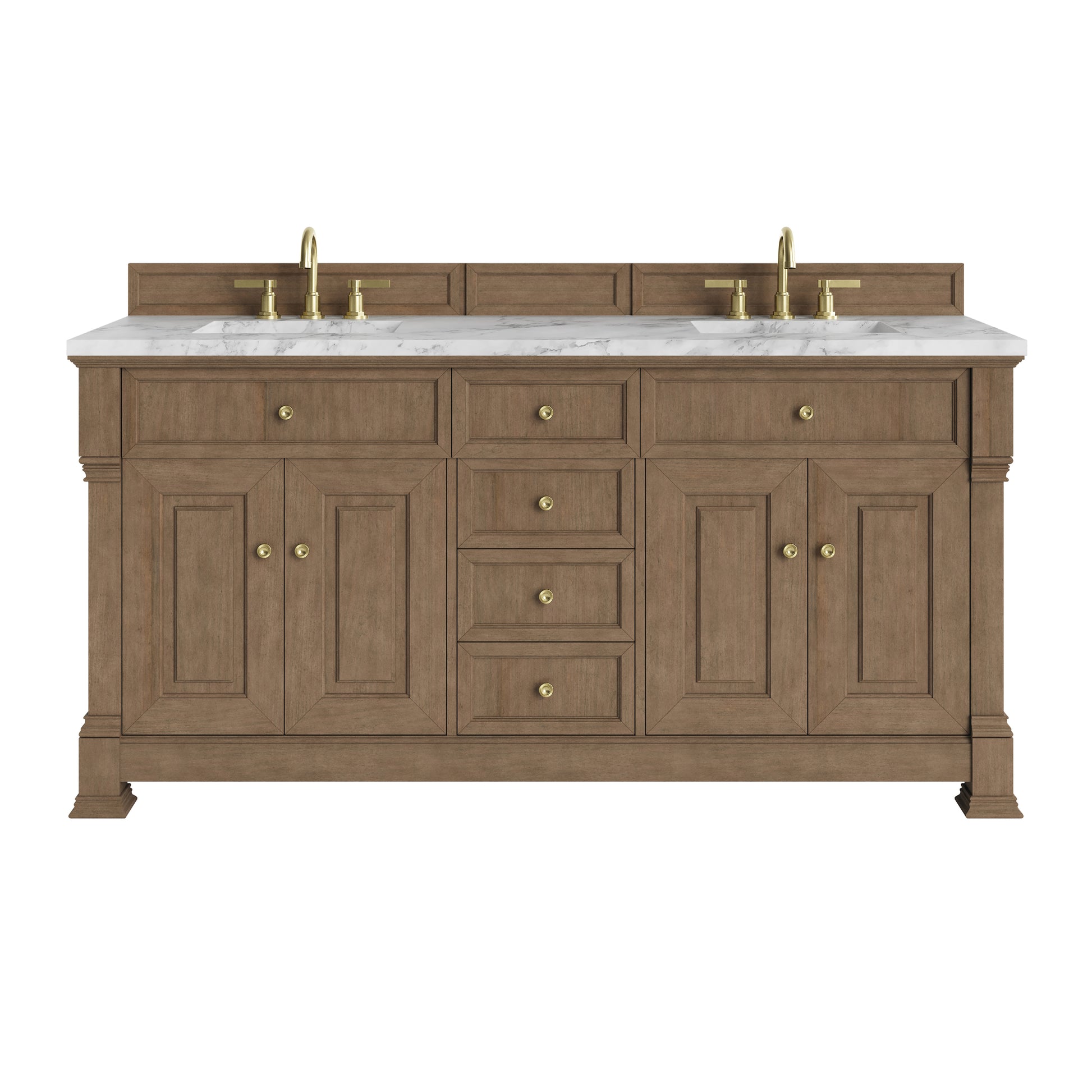 Renovate for Less Atlanta Brookfield 72" Double Vanity, Pecan w/ 3 CM Carrara White Marble Top