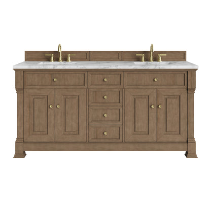 Renovate for Less Atlanta Brookfield 72" Double Vanity, Pecan w/ 3 CM Carrara White Marble Top