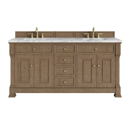 Brookfield 72" Double Vanity, Pecan w/ 3 CM Carrara White Marble Top