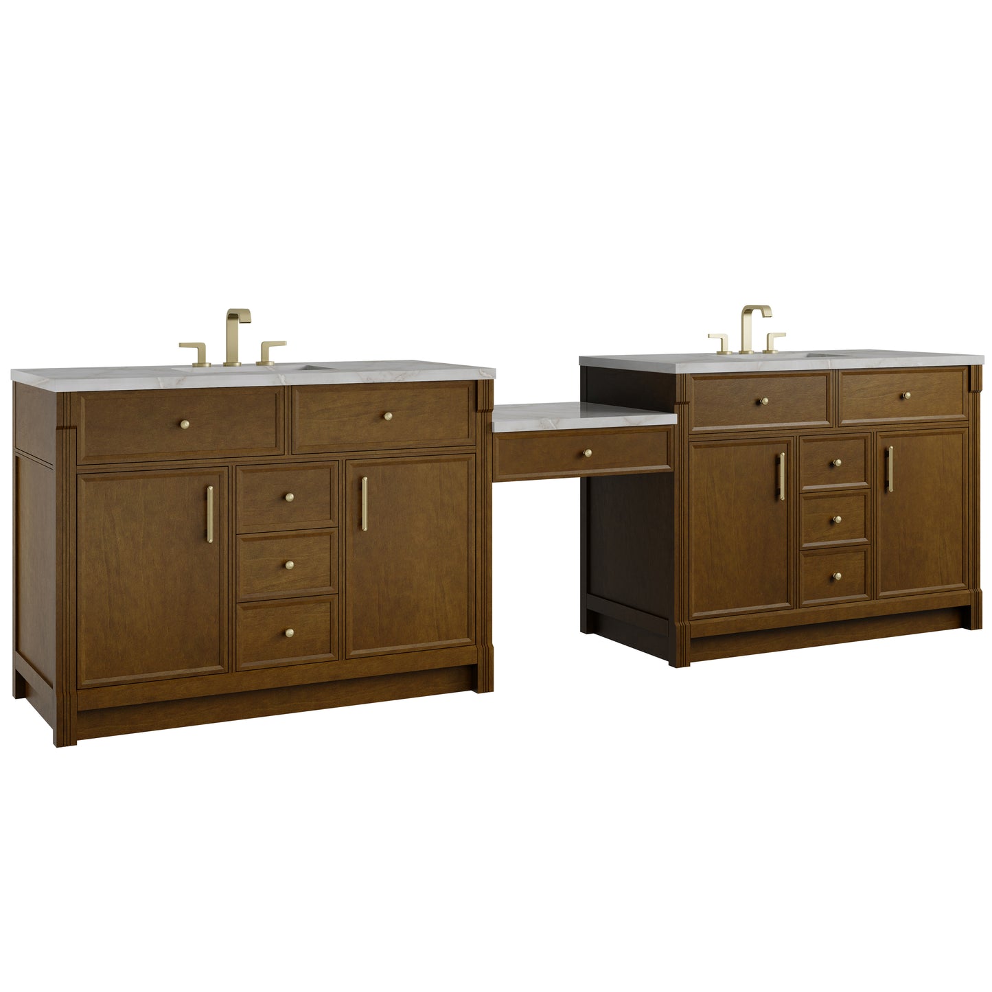 Renovate for Less Atlanta Bellshire 120" Dual Vanity Set with 24" Make-Up Counter, Honey Oak w/3 cm Victorian Silver Silestone Top w/FreePower Wireless Charger
