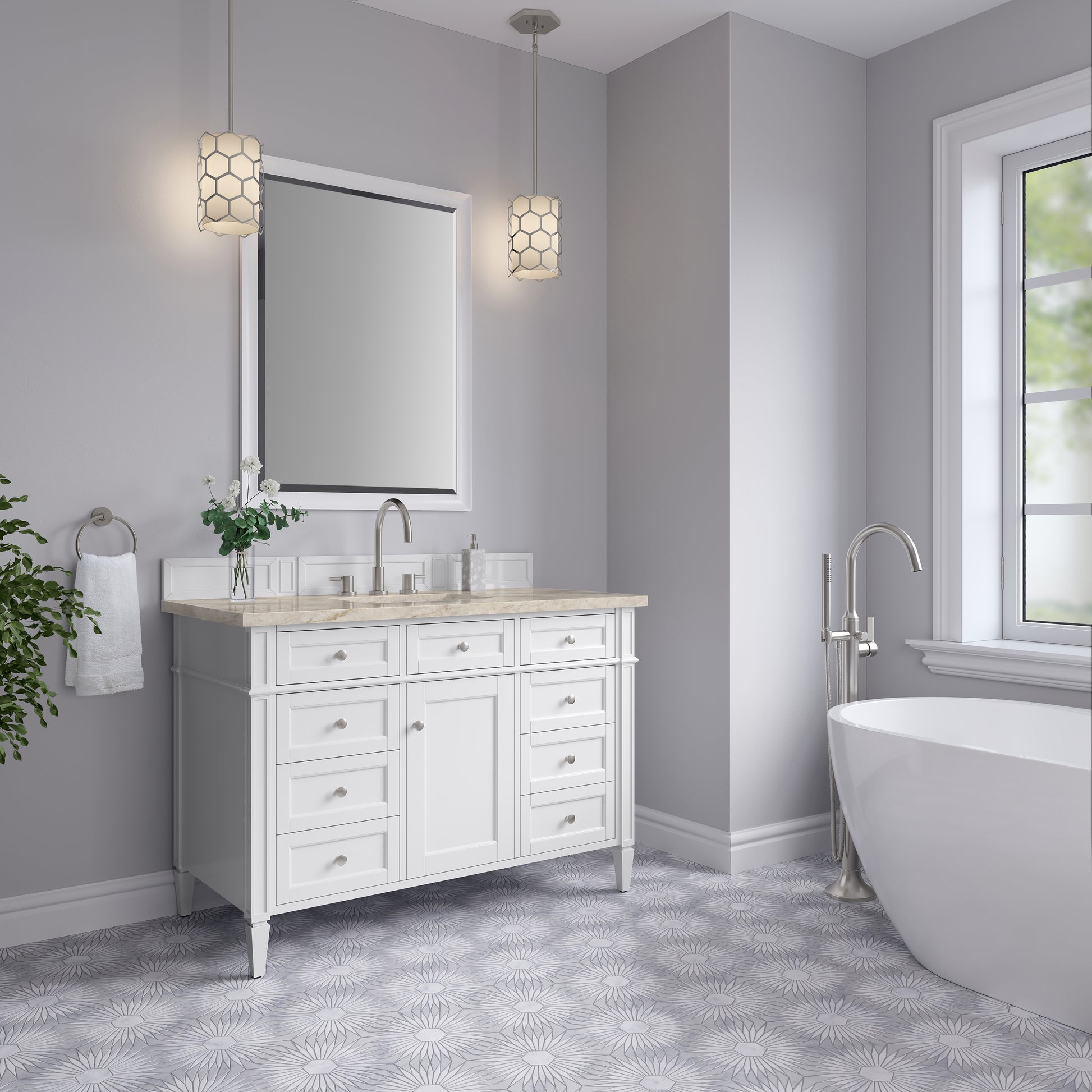 Renovate for Less Atlanta Brittany 48" Single Vanity in Bright White, w/ 3 CM Tajnar Eclos Top w/FreePower Wireless Charger
