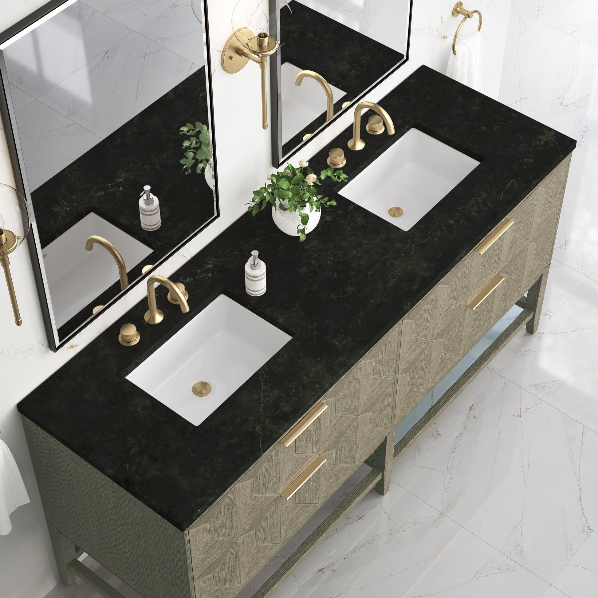 Renovate for Less Atlanta Emmeline 72" Double Vanity, Pebble Oak, w/ 3 CM Phantome Eclos Top