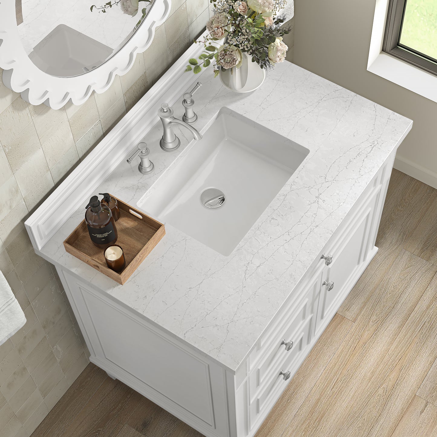 Renovate for Less Atlanta Lorelai 36" Single Vanity, Bright White w/ 3 CM White Zeus Silestone Top