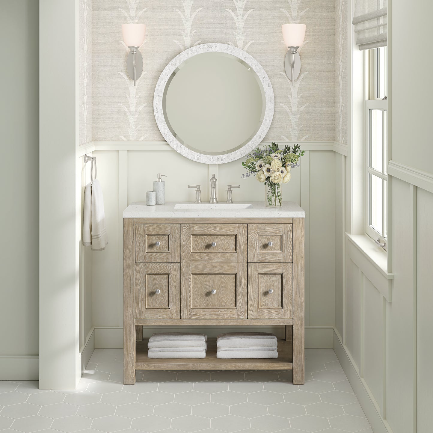 Renovate for Less Atlanta Breckenridge 36" Single Vanity, Whitewashed Oak w/ 3 CM Lime Delight Silestone Top