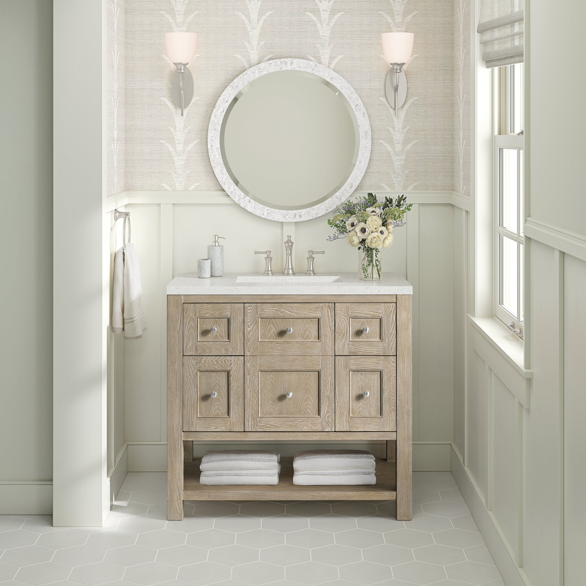Renovate for Less Atlanta Breckenridge 36" Single Vanity, Whitewashed Oak w/ 3 CM Lime Delight Silestone Top