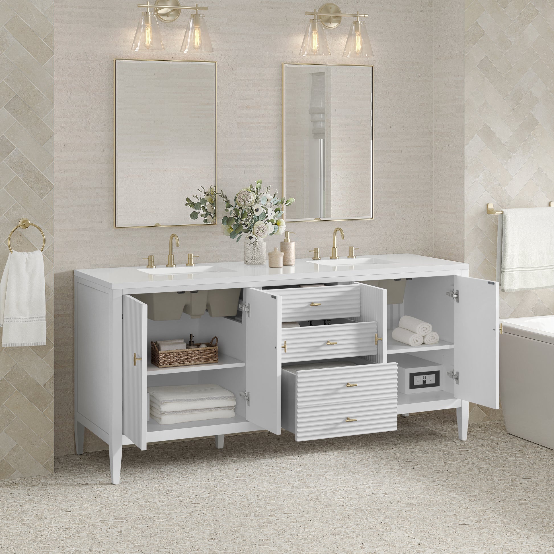 Renovate for Less Atlanta Myrrin 72" Double Vanity, Bright White w/ 3 CM White Zeus Silestone Top
