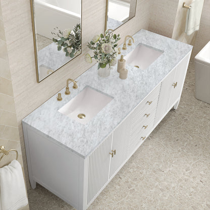 Renovate for Less Atlanta Myrrin 72" Double Vanity, Bright White w/ 3 CM Carrara White Marble Top