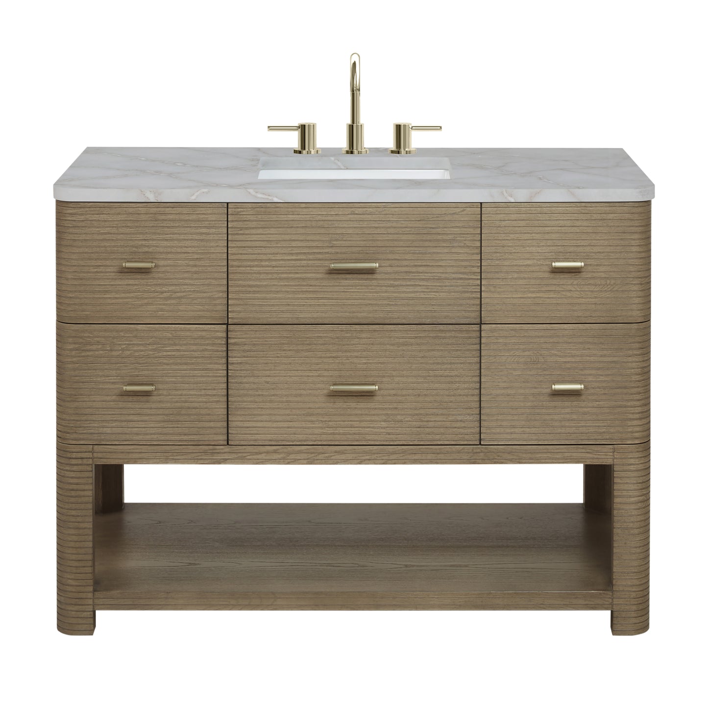 Renovate for Less Atlanta Lucian 48" Single Vanity, Pebble Oak w/ 3 CM Victorian Silver Silestone Top w/ FreePower Wireless Charger