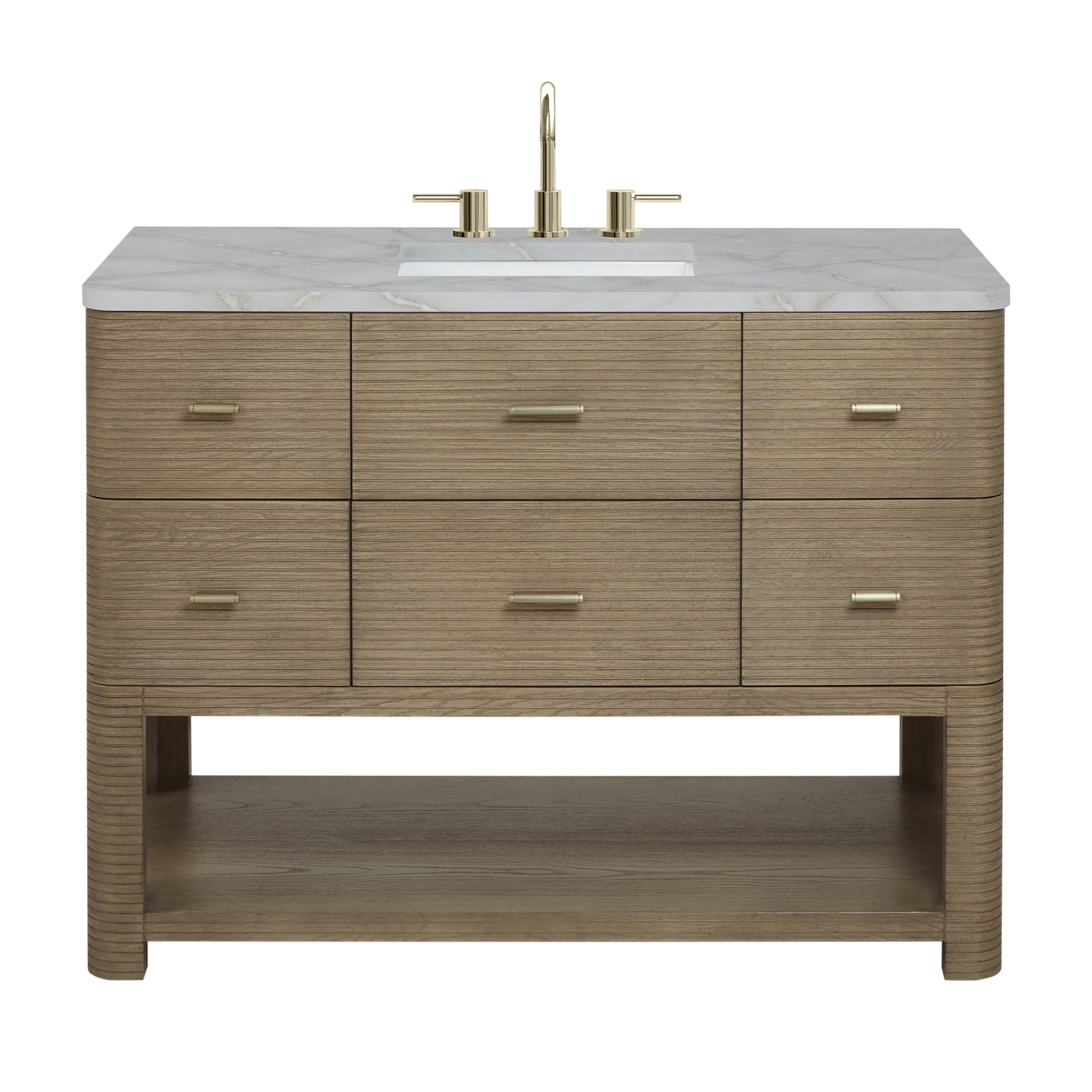 Renovate for Less Atlanta Lucian 48" Single Vanity, Pebble Oak w/ 3 CM Victorian Silver Silestone Top w/ FreePower Wireless Charger