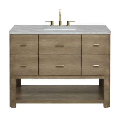 Lucian 48" Single Vanity, Pebble Oak w/ 3 CM Victorian Silver Silestone Top w/ FreePower Wireless Charger