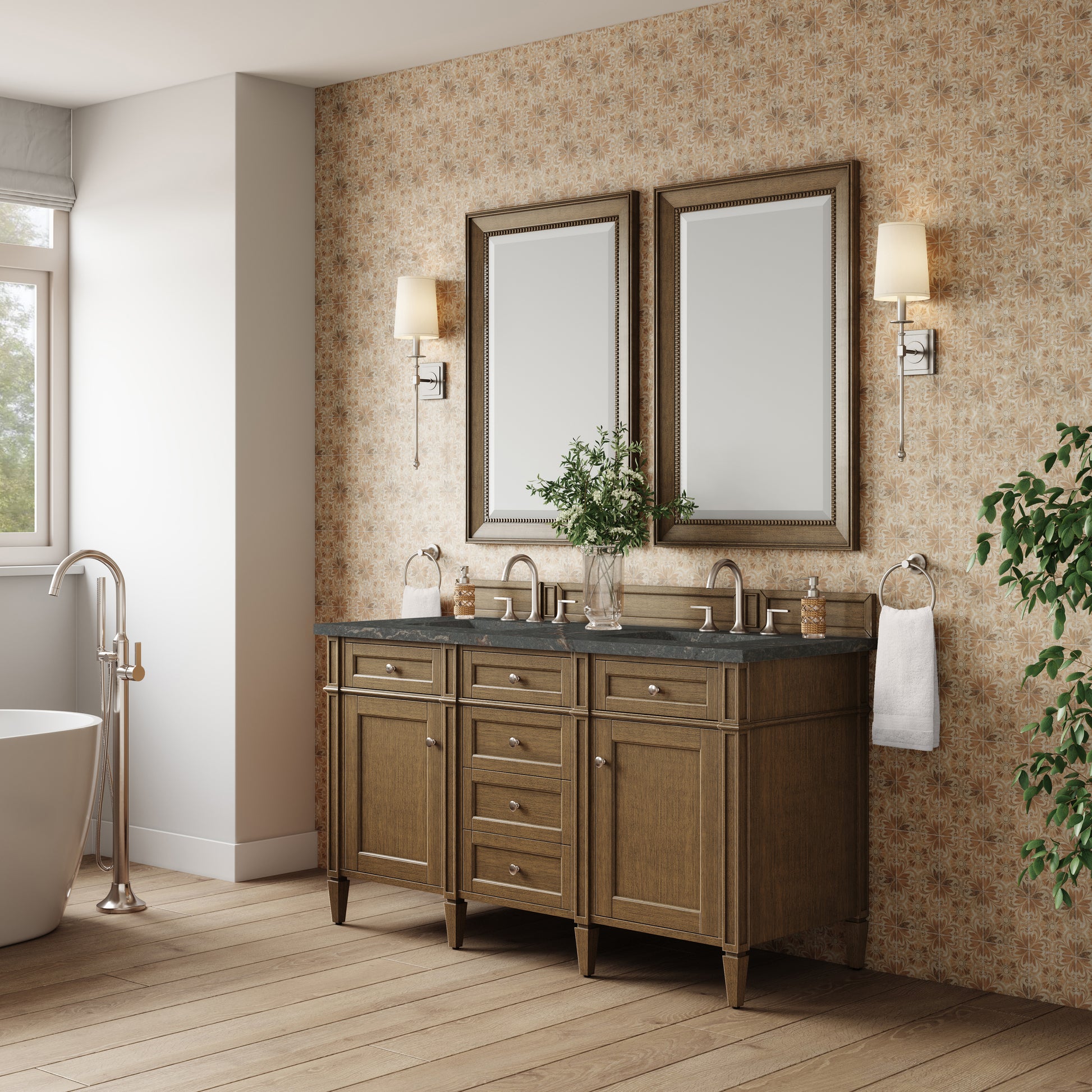 Renovate for Less Atlanta Brittany 60" Double Vanity, Saddle Brown w/ 3 CM Parisien Bleu Silestone Top