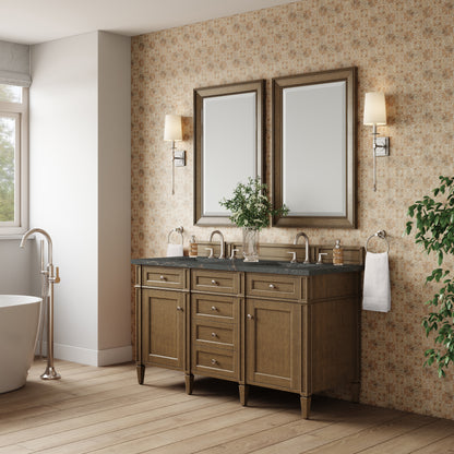 Renovate for Less Atlanta Brittany 60" Double Vanity, Saddle Brown w/ 3 CM Parisien Bleu Silestone Top