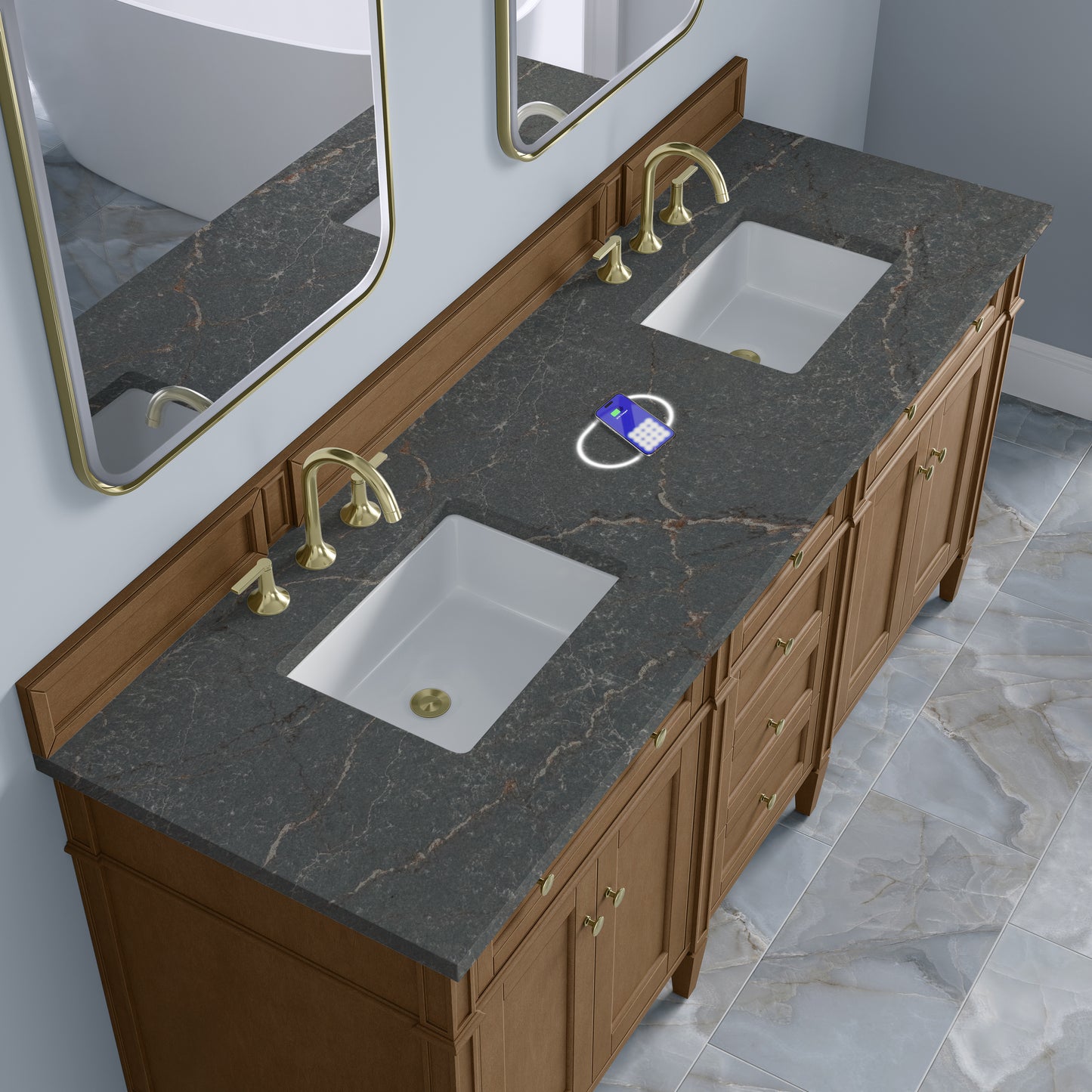 Renovate for Less Atlanta Brittany 72" Double Vanity, Pecan w/ 3 CM Parisien Bleu Silestone Top w/FreePower Wireless Charger