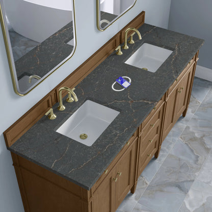 Brittany 72" Double Vanity, Pecan w/ 3 CM Parisien Bleu Silestone Top w/FreePower Wireless Charger