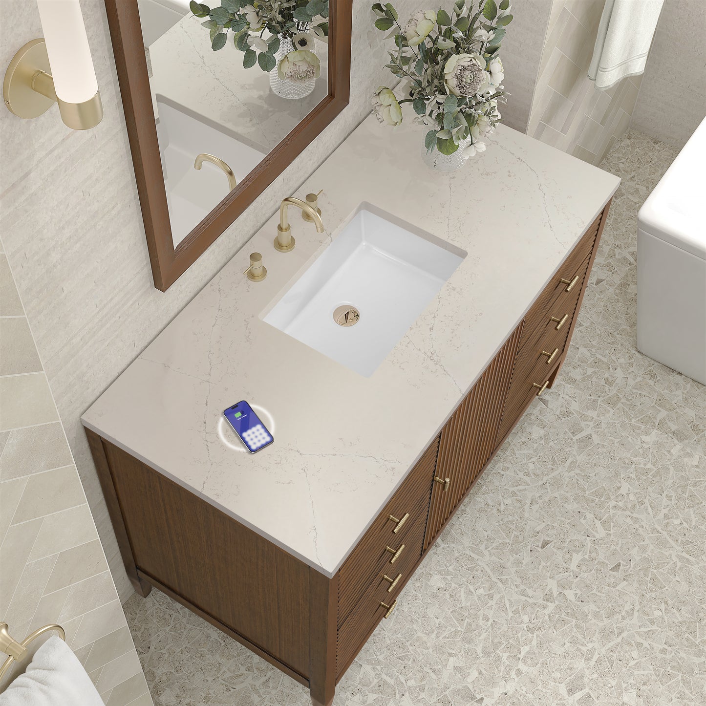 Renovate for Less Atlanta Myrrin 48" Single Vanity, Mid Century Walnut, w/ 3 CM Siberian Silestone Top w/FreePower Wireless Charger