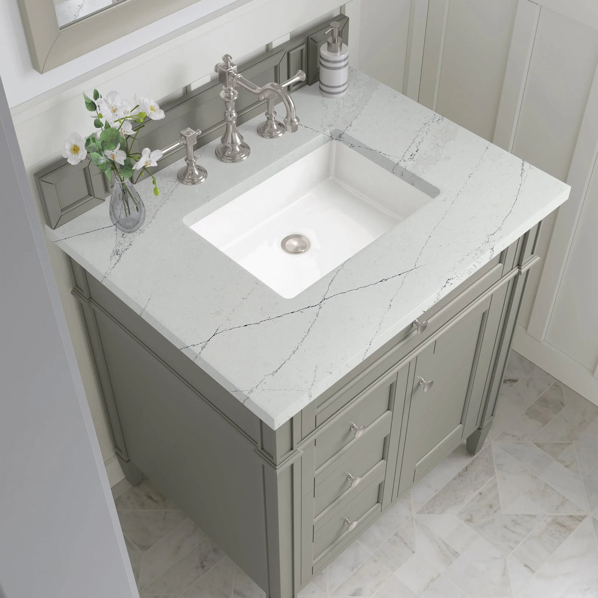 Brittany 30" Single Vanity, Urban Gray, w/ 3 CM Ethereal Noctis Silestone Top