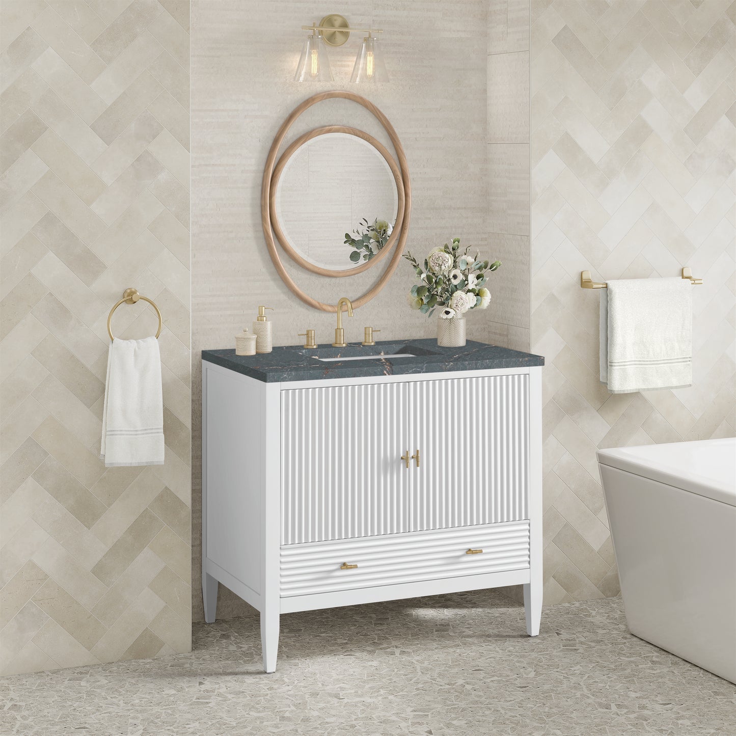 Renovate for Less Atlanta Myrrin 36" Vanity, Bright White w/ 3 CM Parisien Bleu Silestone Top